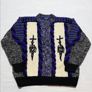 Men’s Nordstrom Vintage 90s Hand Knit Gray Purple Black Wool Sweater Size Large